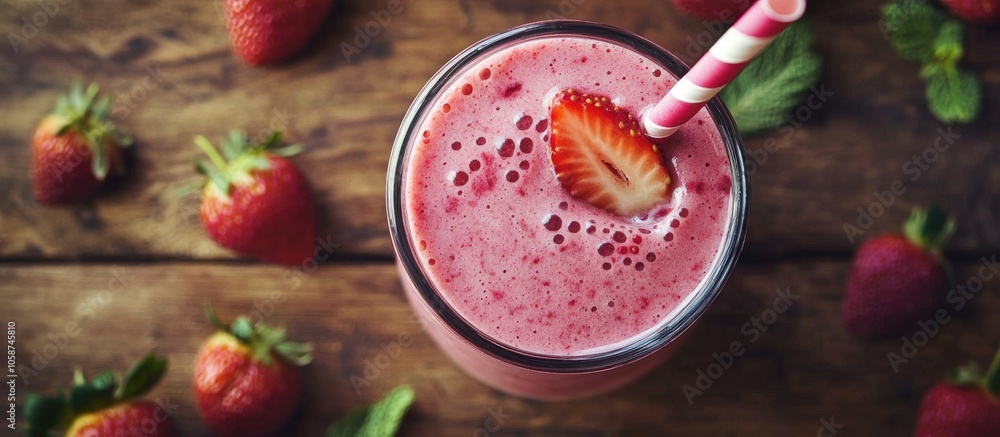 Strawberry Milkshake With Straw In Glass On Wooden Table Top View Pink Smoothie Healthy Drink Berry Cocktail Strawberry Milkshake With Straw In Glass On Wooden Table Top View Pink Smoothie Healthy Drink Berry Cocktail