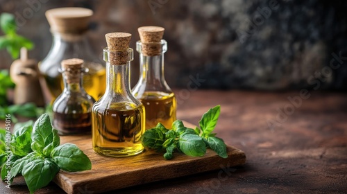 Bottles of olive oil and vinegar accompanied by fresh basil