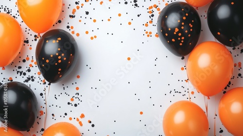 Black and orange balloons with confetti border for Halloween themed card or invitation Flat lay composition photo