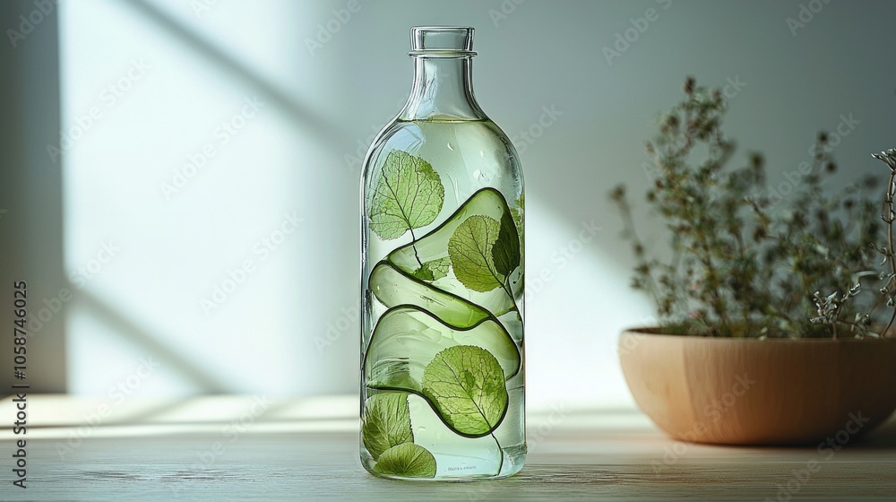 A glass bottle with cucumber slices in it