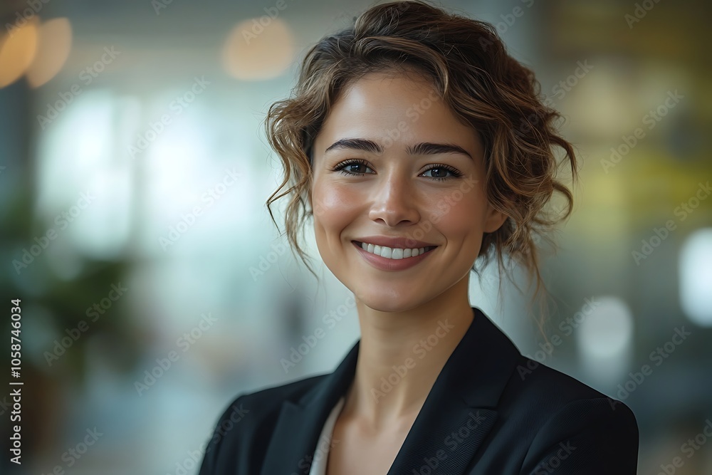 Confident Woman in Black Blazer Smiling with Blurred Background Confident Woman in Black Blazer Smiling with Blurred Background