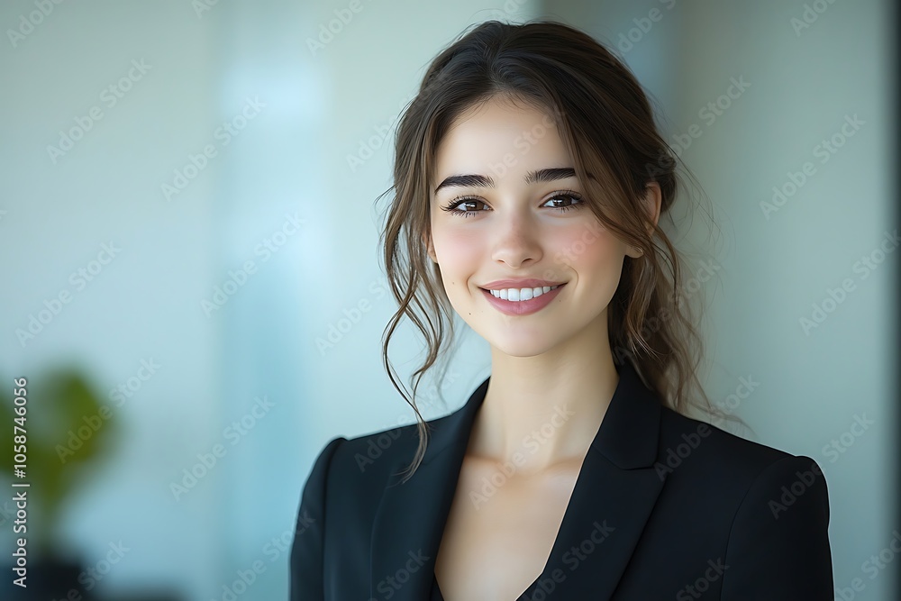 Confident Woman in Black Blazer Smiling in Office Confident Woman in Black Blazer Smiling in Office