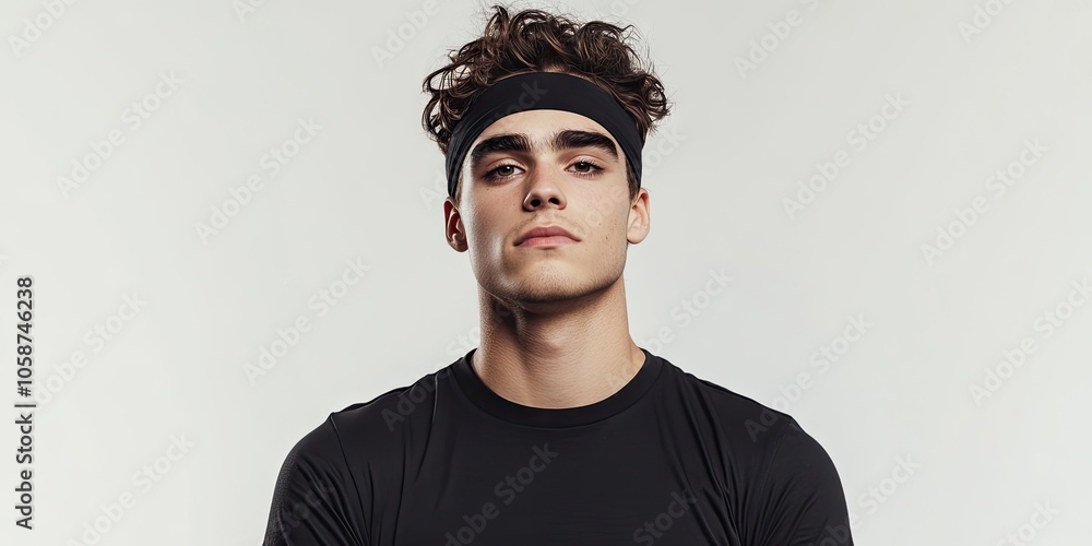 A self assured young male wearing a black t shirt and a sporty headband stands out against a white backdrop, showcasing confidence and style. A self assured young male wearing a black t shirt and a sporty headband stands out against a white backdrop, showcasing confidence and style.