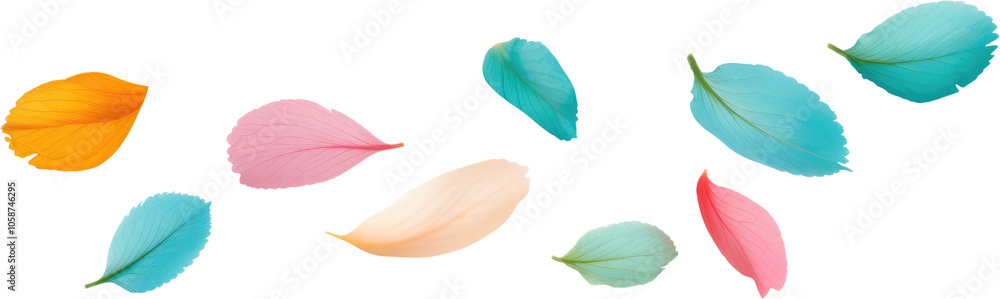 Fototapeta premium Colorful flower petals floating on the wind, isolated on transparent background