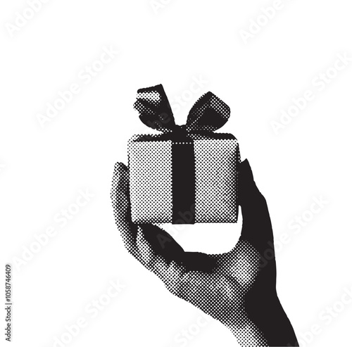 A hand holding a birthday or christmas present. Grunge halftone grain design element
