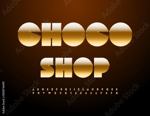 Vector elite signboard Choco Shop. Abstract Gold Font. Trendy Alphabet Letters and Numbers set.