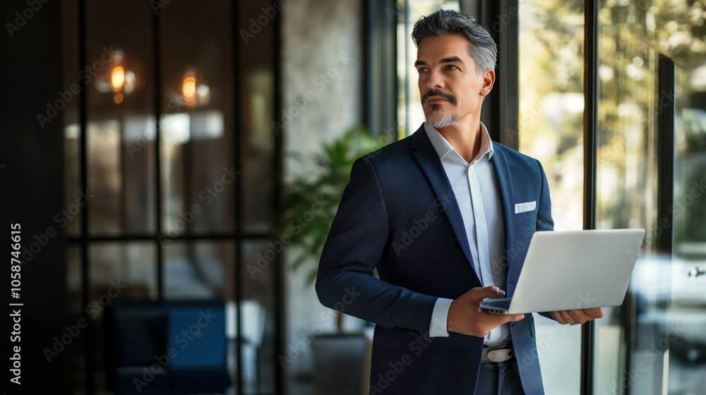 Fototapeta premium Executive businessman in formal attire holding a laptop, gazing thoughtfully out of an office window, symbolizing leadership and strategic vision in the corporate world.