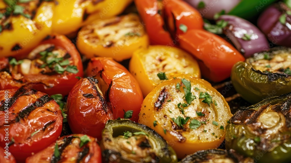 A variety of grilled vegetables featuring peppers onions and tomatoes A variety of grilled vegetables featuring peppers onions and tomatoes
