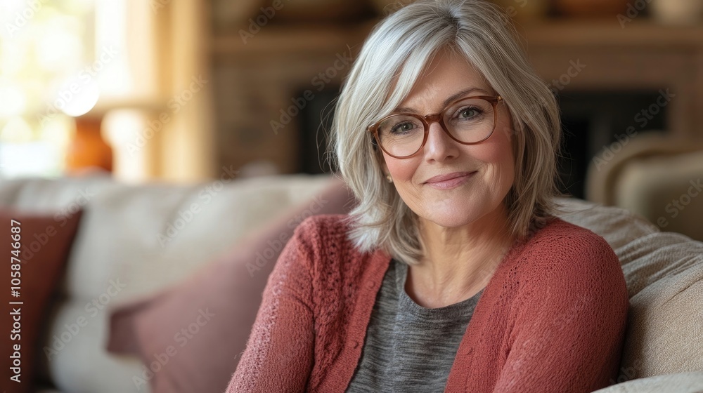 Smiling middle-aged woman relaxes on a couch in a cozy living room, exuding comfort and warmth. This image of the smiling woman offers ideal copy space for various projects. Smiling middle-aged woman relaxes on a couch in a cozy living room, exuding comfort and warmth. This image of the smiling woman offers ideal copy space for various projects.