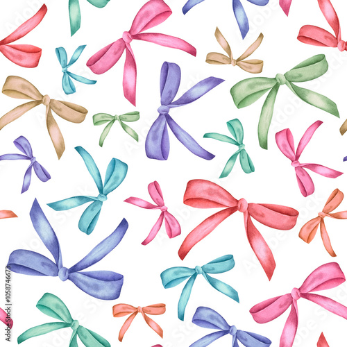 Ribbon bows colored. Hand drawn watercolor illustration. Seamless pattern on white background. For design, decor, cards, textiles, paper. From the collection for St. Valentine's Day