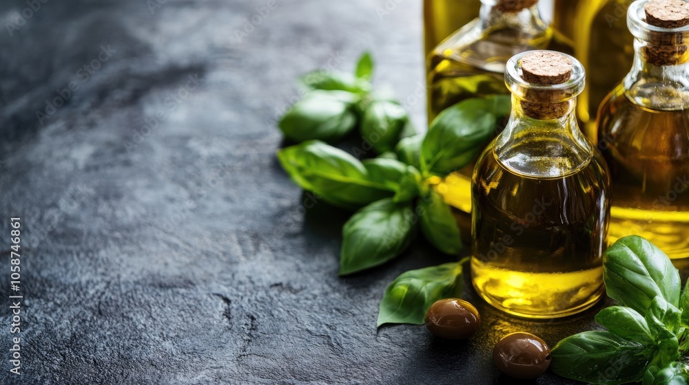 Bottles of olive oil and vinegar accompanied by fresh basil Bottles of olive oil and vinegar accompanied by fresh basil