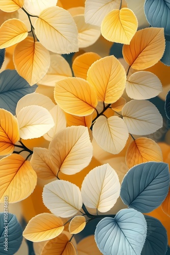 Wallpaper Mural A vibrant arrangement of autumn leaves in golden yellow, soft cream, and cool blue tones, creating an enchanting atmosphere of seasonal change and natural beauty. Torontodigital.ca
