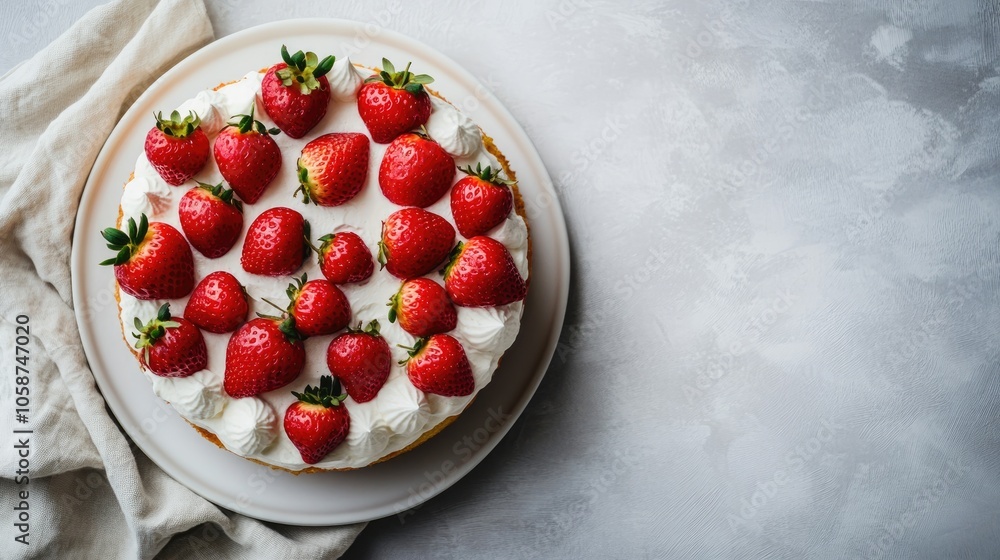 Aerial view of a strawberry cake on a white plate featuring noticeable film grain texture providing plenty of empty space for text or graphics