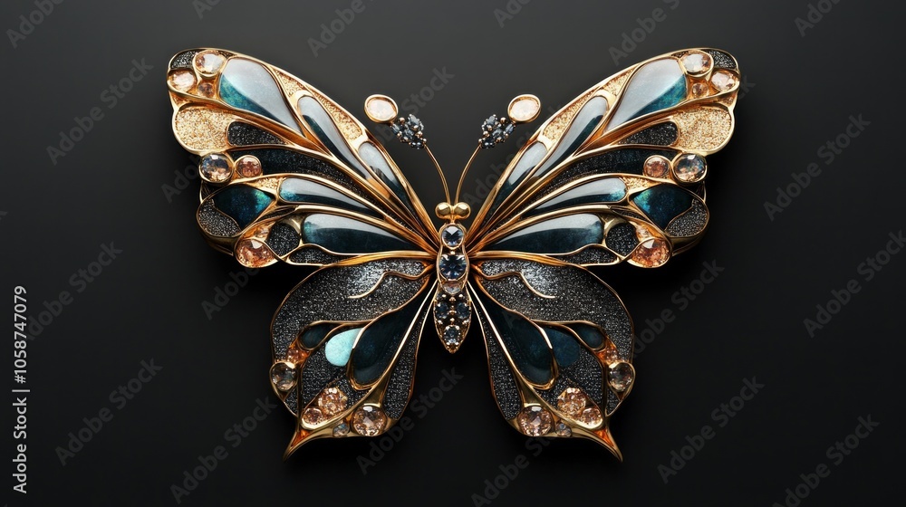 Fototapeta premium A butterfly brooch with a blue and gold design