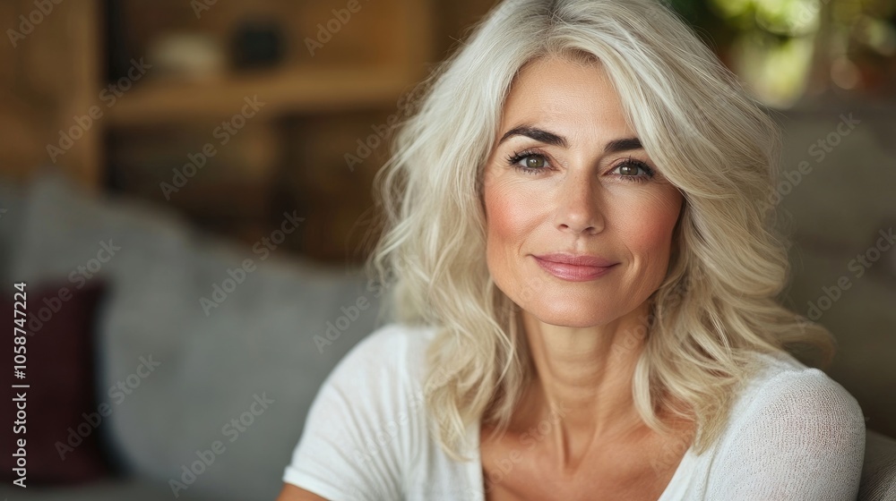 Portrait of a beautiful mature woman at home, exuding grace and confidence. This beautiful mature woman radiates warmth and charm, perfect for various themes. Photo style with copy space. Portrait of a beautiful mature woman at home, exuding grace and confidence. This beautiful mature woman radiates warmth and charm, perfect for various themes. Photo style with copy space.