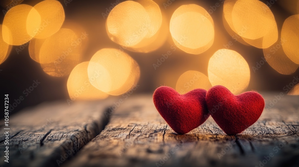 Fototapeta premium Two red hearts resting on a wooden surface with a bokeh backdrop embodying a romantic theme