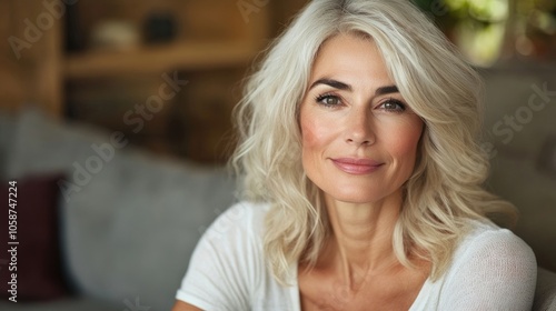 Wallpaper Mural Portrait of a beautiful mature woman at home, exuding grace and confidence. This beautiful mature woman radiates warmth and charm, perfect for various themes. Photo style with copy space. Torontodigital.ca