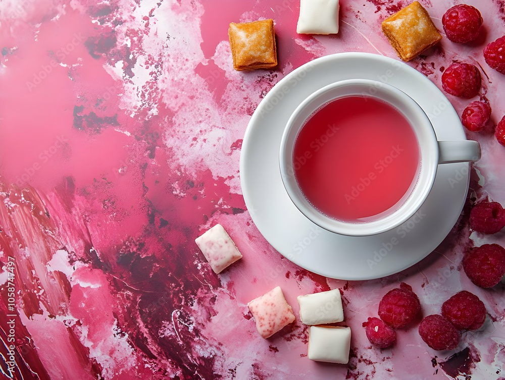 Raspberry Tea Time Photo - Pink Background, Abstract, Dessert, Sweets, Delicious, White Cup, Frozen Raspberries, Treat, Top View Raspberry Tea Time Photo - Pink Background, Abstract, Dessert, Sweets, Delicious, White Cup, Frozen Raspberries, Treat, Top View