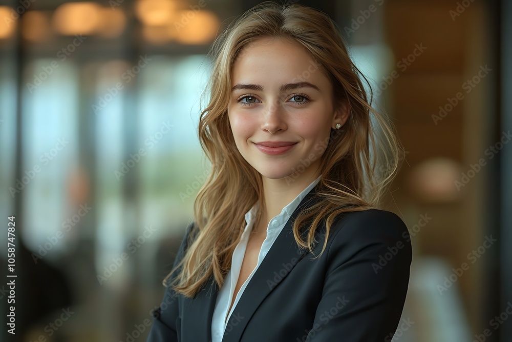Confident Woman in Professional Attire Smiling in Office Setting Confident Woman in Professional Attire Smiling in Office Setting