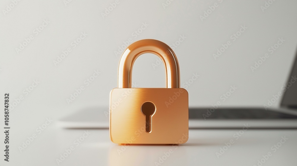 Golden padlock symbolizing online security, privacy, and data protection beside a laptop on a desk. Golden padlock symbolizing online security, privacy, and data protection beside a laptop on a desk.