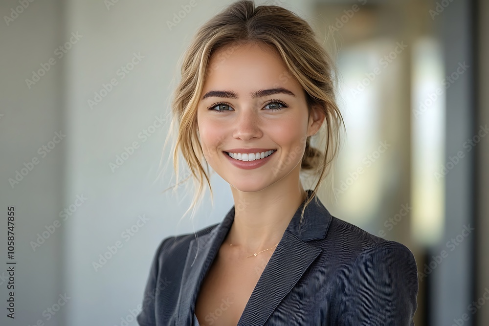 Confident Woman in Gray Blazer Smiling Indoors Confident Woman in Gray Blazer Smiling Indoors
