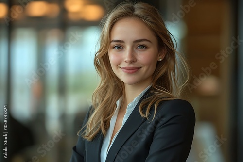 Confident Woman in Professional Attire Smiling in Office Setting