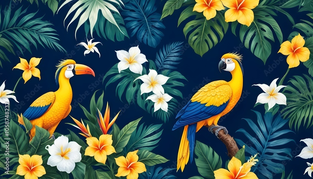 Tropical exotic pattern with animal and flowers in bright colors and lush vegetationn Tropical exotic pattern with animal and flowers in bright colors and lush vegetationn