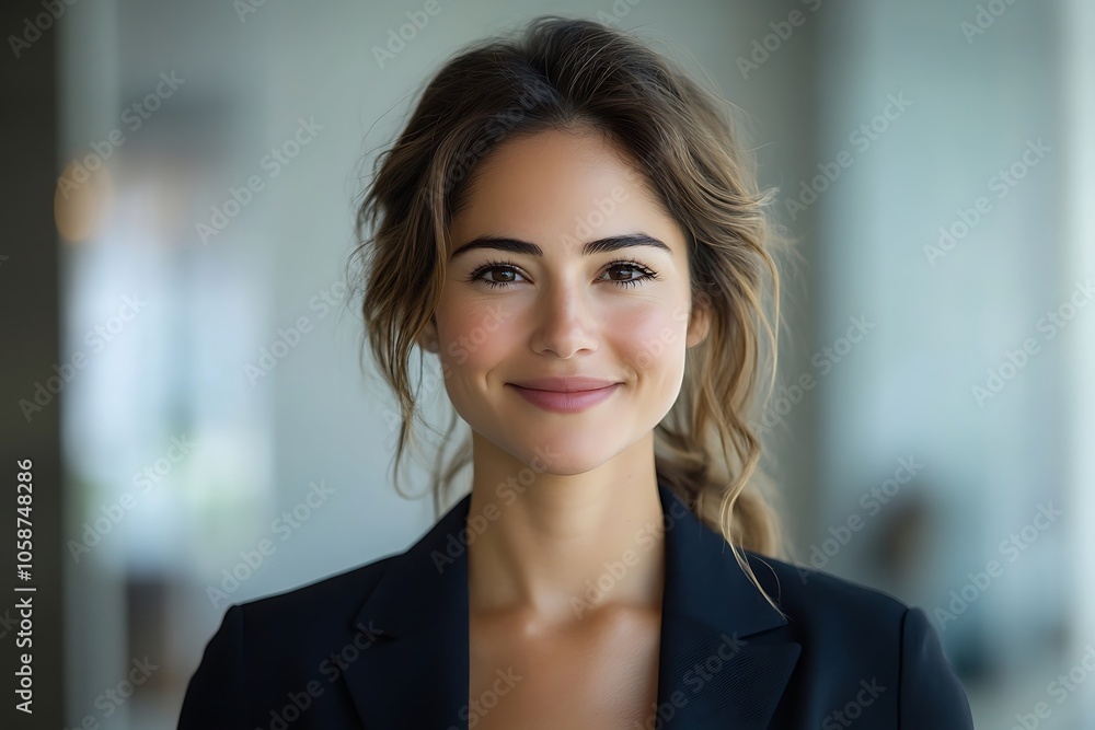 Confident Woman Smiling in Professional Office Attire Confident Woman Smiling in Professional Office Attire