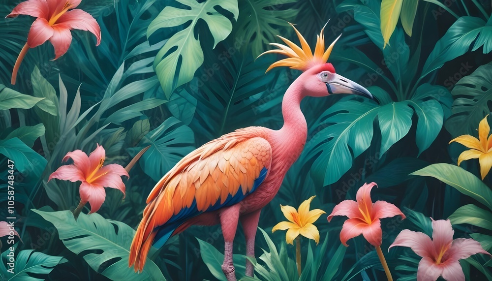 Tropical exotic pattern with animal and flowers in bright colors and lush vegetationn Tropical exotic pattern with animal and flowers in bright colors and lush vegetationn