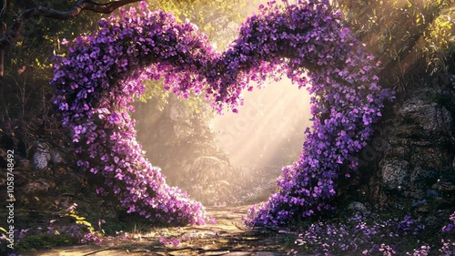 A heart-shaped archway of purple flowers blooms in a misty forest, creating a magical scene