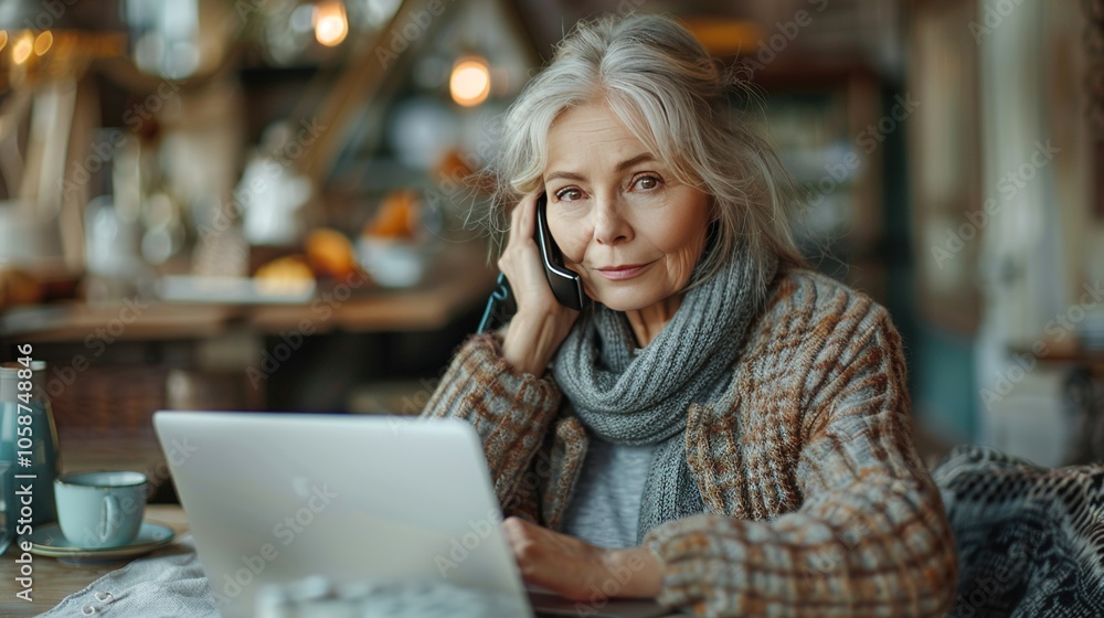 A woman with gray hair sits at a table, talking on the phone while using a laptop.