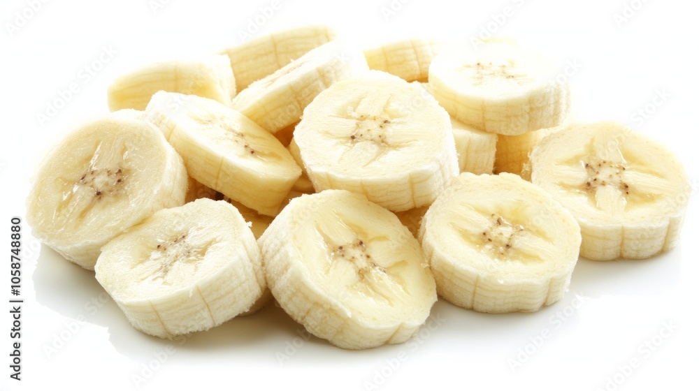 A bunch of bananas are sliced and placed on a white background A bunch of bananas are sliced and placed on a white background