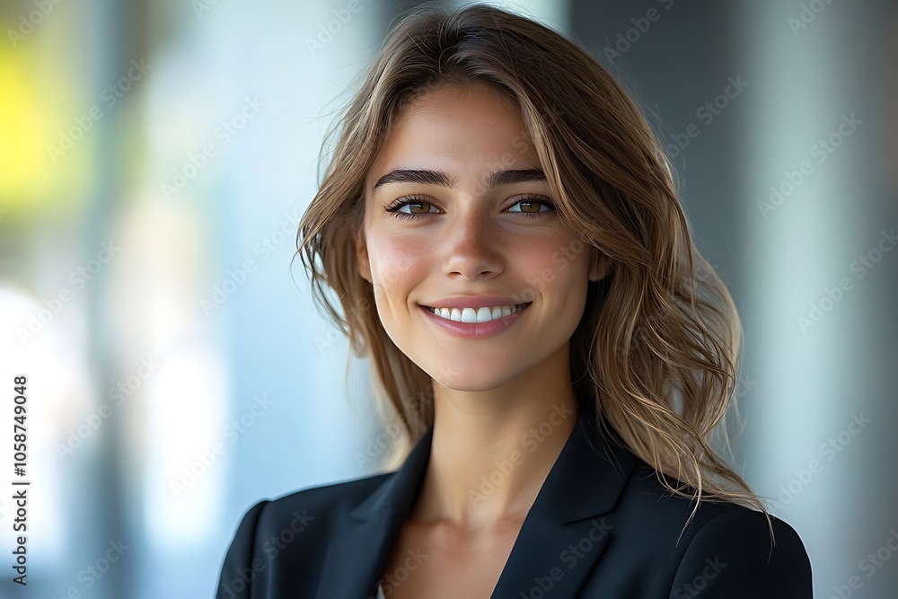 Confident Woman with Long Brown Hair Smiling in a Corporate Setting. Confident Woman with Long Brown Hair Smiling in a Corporate Setting.