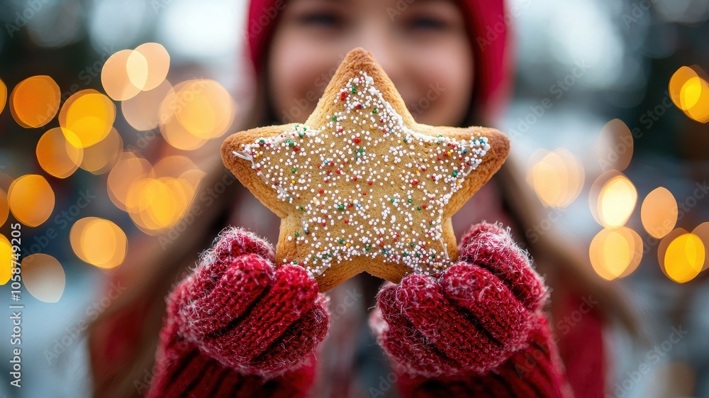 A joyful person holds a glittering star-shaped cookie, surrounded by festive lights and winter attire, evoking holiday cheer. A joyful person holds a glittering star-shaped cookie, surrounded by festive lights and winter attire, evoking holiday cheer.
