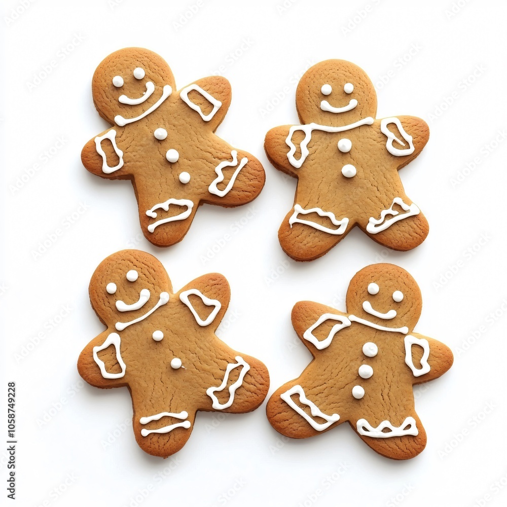 Cute Gingerbread Cookies Decorated with Icing in Holiday Shapes Isolated on White Background Cute Gingerbread Cookies Decorated with Icing in Holiday Shapes Isolated on White Background