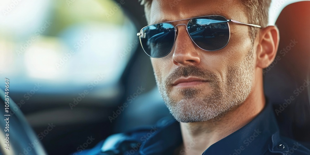 Attractive police officer donning sunglasses as he operates a vehicle. The stylish officer is seen driving while sporting shades, showcasing a cool demeanor behind the wheel. Attractive police officer donning sunglasses as he operates a vehicle. The stylish officer is seen driving while sporting shades, showcasing a cool demeanor behind the wheel.