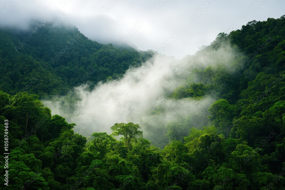 Serene Waterfall Cascading Through Lush Tropical Forest, Shrouded in Ethereal Mist Serene Waterfall Cascading Through Lush Tropical Forest, Shrouded in Ethereal Mist
