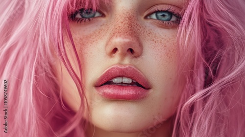 A woman with pink hair and blue eyes