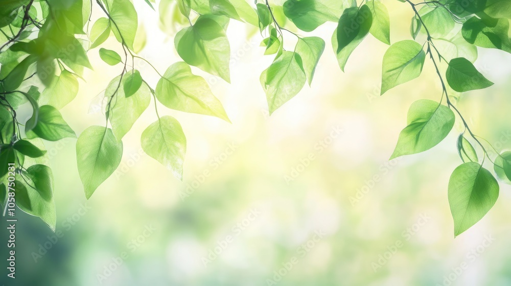 Banner featuring a selectively focused tree branch adorned with green leaves against a softly blurred garden backdrop offering ample copy space Represents natural greenery and spring ecology Banner featuring a selectively focused tree branch adorned with green leaves against a softly blurred garden backdrop offering ample copy space Represents natural greenery and spring ecology