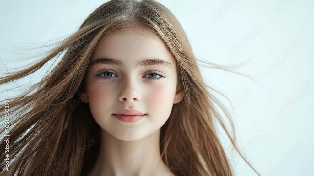 Portrait of a beautiful young girl with long hair, surrounded by a clean white background, perfect for highlighting the beauty of the girl in this captivating image. Ideal for various creative uses. Portrait of a beautiful young girl with long hair, surrounded by a clean white background, perfect for highlighting the beauty of the girl in this captivating image. Ideal for various creative uses.