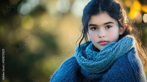 A young girl with dark hair, dressed in a blue scarf, sits outdoors, gazing thoughtfully at the camera. This portrait captures her contemplative expression and offers ample copy space.