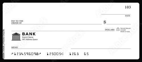 Bank check, vector blank money cheque, checkbook template with guilloche pattern and fields. Currency payment coupon, money check background	