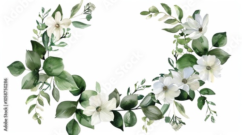 Watercolor wreath of white flowers and green leaves on a white background.