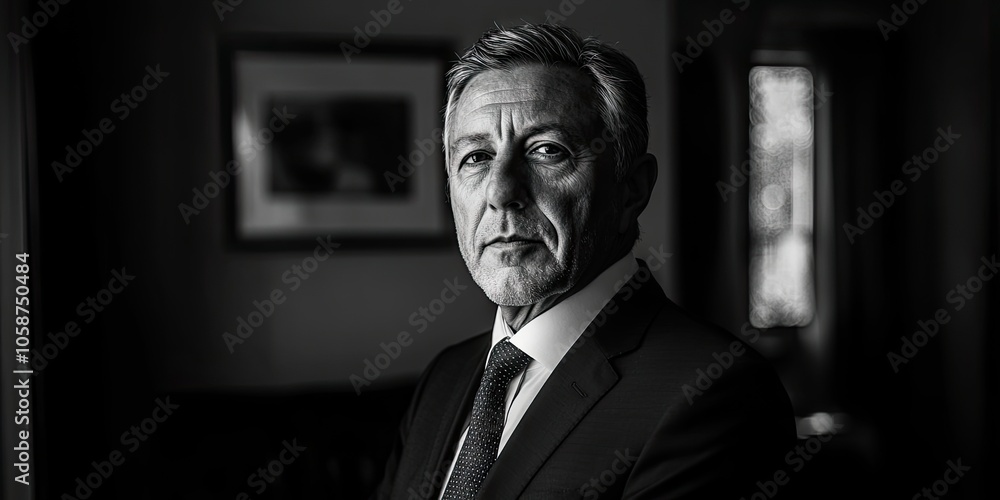Fototapeta premium A monochrome portrait features a middle aged man in a business suit and tie, showcasing his professional demeanor and style. The image captures the essence of a businessman.