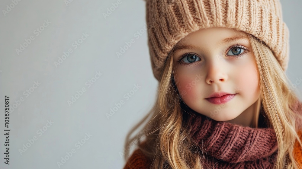 A cute young girl in a hat and winter outfit with attractive makeup captivates with her charming look. This image highlights the cute young girl while offering ample space for text. A cute young girl in a hat and winter outfit with attractive makeup captivates with her charming look. This image highlights the cute young girl while offering ample space for text.