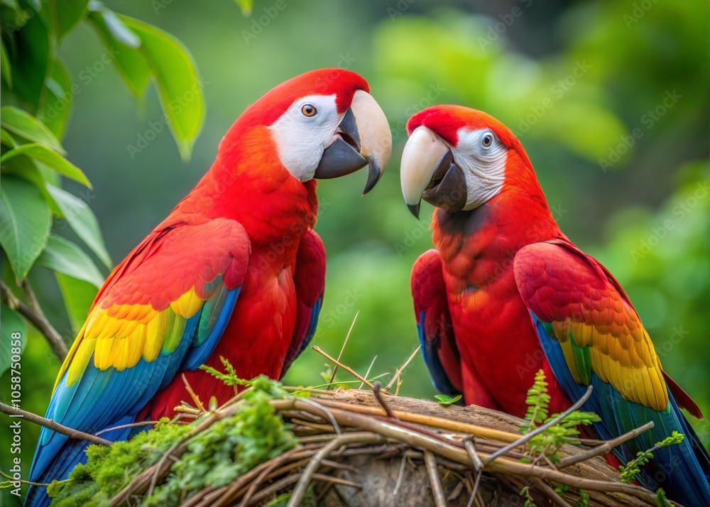 Obraz premium Two vibrant Scarlet Macaws at a nest, facing each other with a tender gaze, their colorful plumage contrasting the green backdrop.
