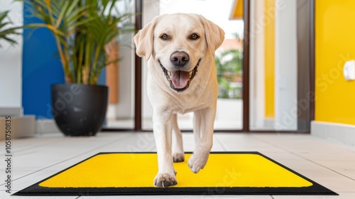 A happy dog walks on a yellow mat in front of a glass door photo