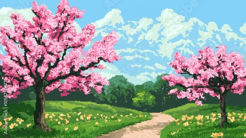 Spring Blossoms in Pixel Art Style