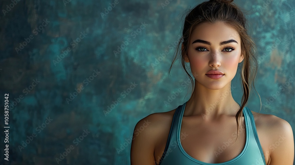 Portrait of a beautiful woman in sportswear gazing confidently at the camera. This stunning portrait captures the essence of fitness and style with ample space for text. Portrait of a beautiful woman in sportswear gazing confidently at the camera. This stunning portrait captures the essence of fitness and style with ample space for text.