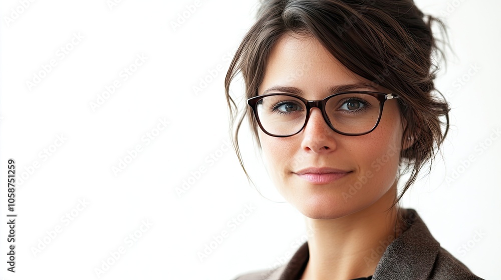 Obraz premium Close-up of a young business woman wearing glasses, looking confidently at the camera, isolated on white background with ample copy space for any text or graphics.